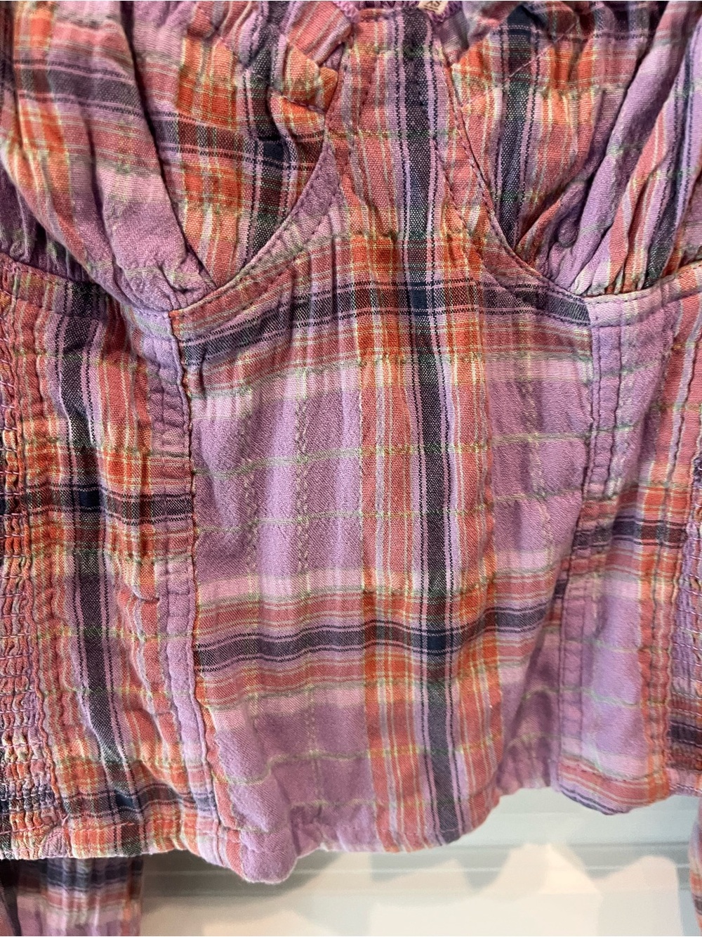 Free People Lavender Plaid Smocked Puff-Sleeve Crop Top - Picture 16 of 16